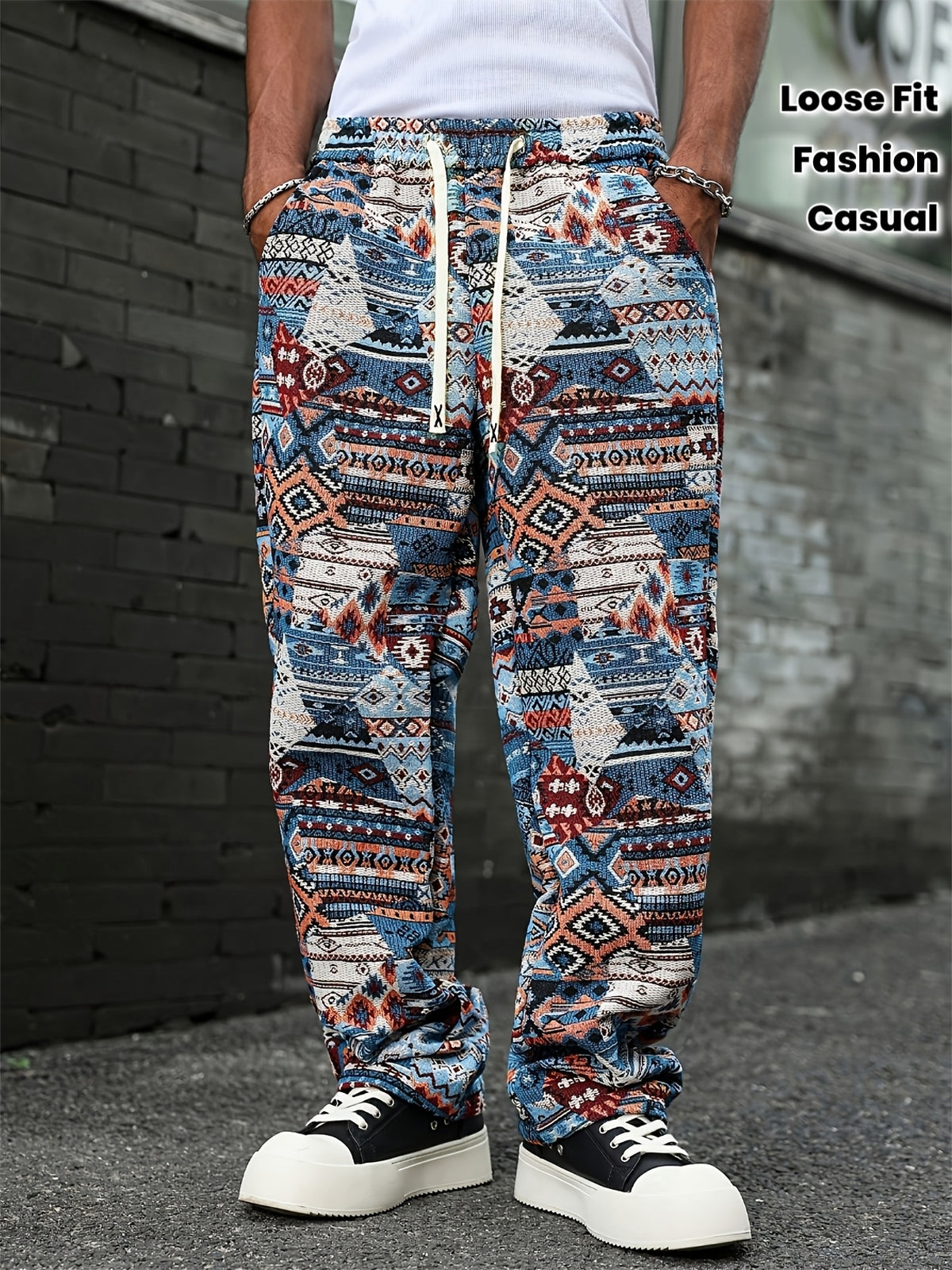 Men's Casual Sports Pants, Ethnic Jacquard Loose Fit Fashion Vintage Style All-Season Straight-Leg Trousers, Holiday Gift, Boyfriend Gift