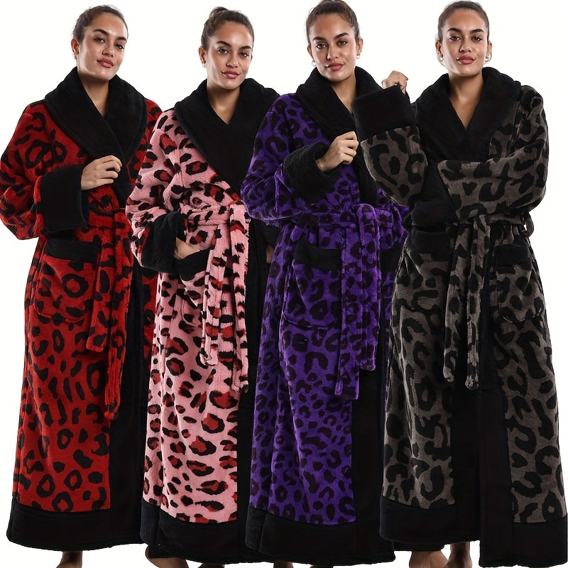 1pc Autumn/Winter New Bathrobe, Leopard Print Robe with Turn- Collar, Long Sleeve Thickened Couple'S Loungewear, European Style Home Wear