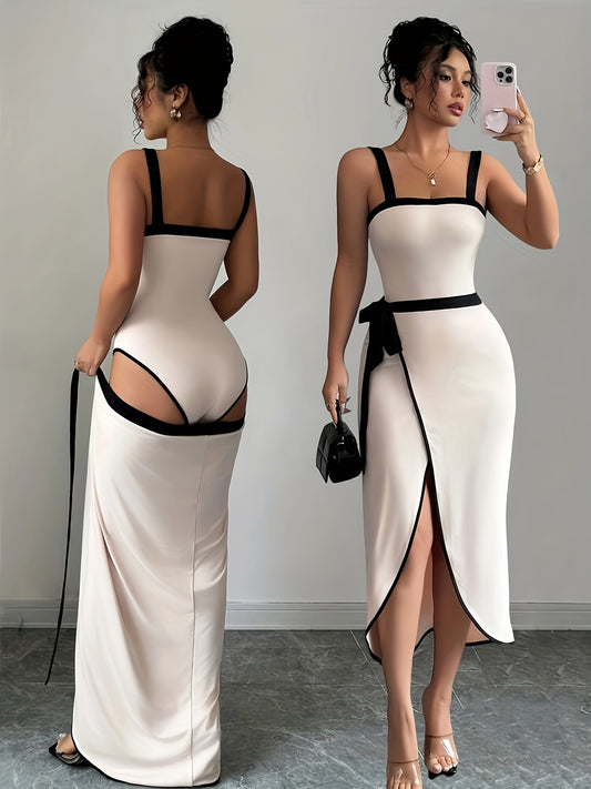 2pcs Women'S Elegant Sleeveless Top and Asymmetrical Tie-Front Skirt Set - Black & White Contrast, Ruched Bodycon Dress with High-Low Hem, Perfect for Spring/Summer, Polyester Blend, Machine Washable, Spring Summer Outfit | Asymmetrical Skirt | Polyester