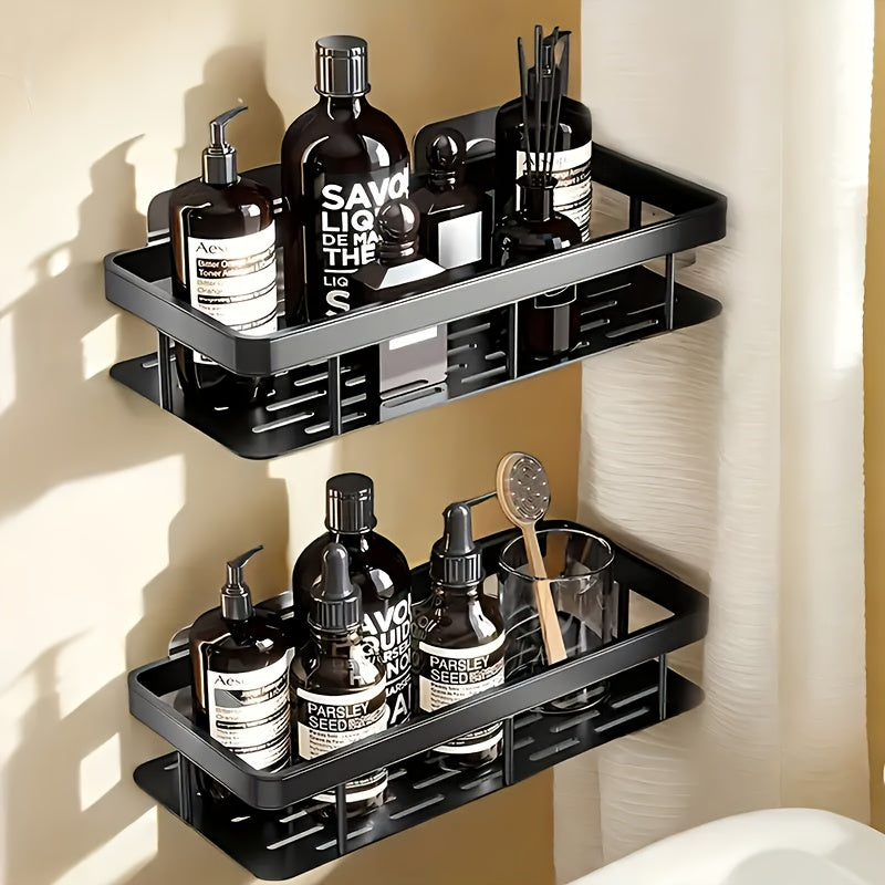 2pcs No-Drill Aluminum Black Shower Caddies - High Load Capacity, Space-Saving Bathroom Organizer Shelves